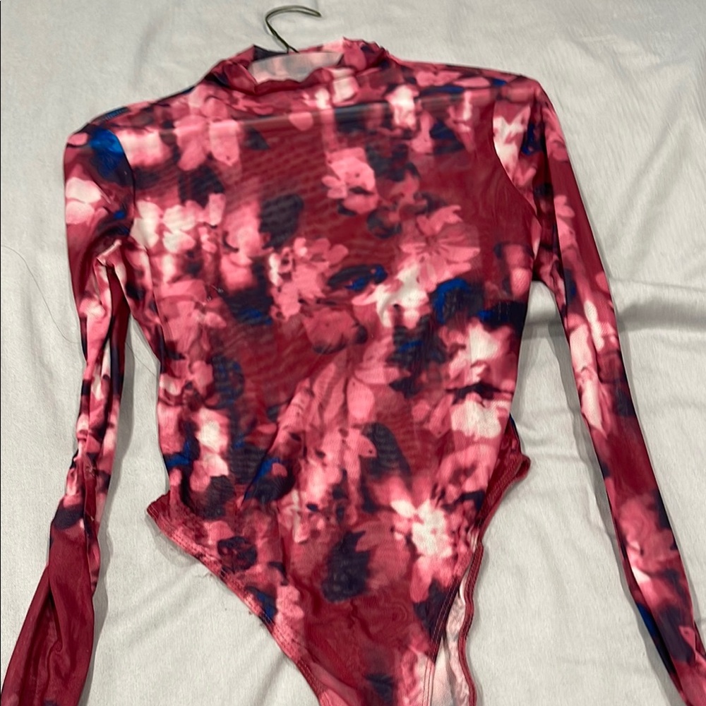SHEIN Floral Long Sleeve Bodysuit - Red and Blue